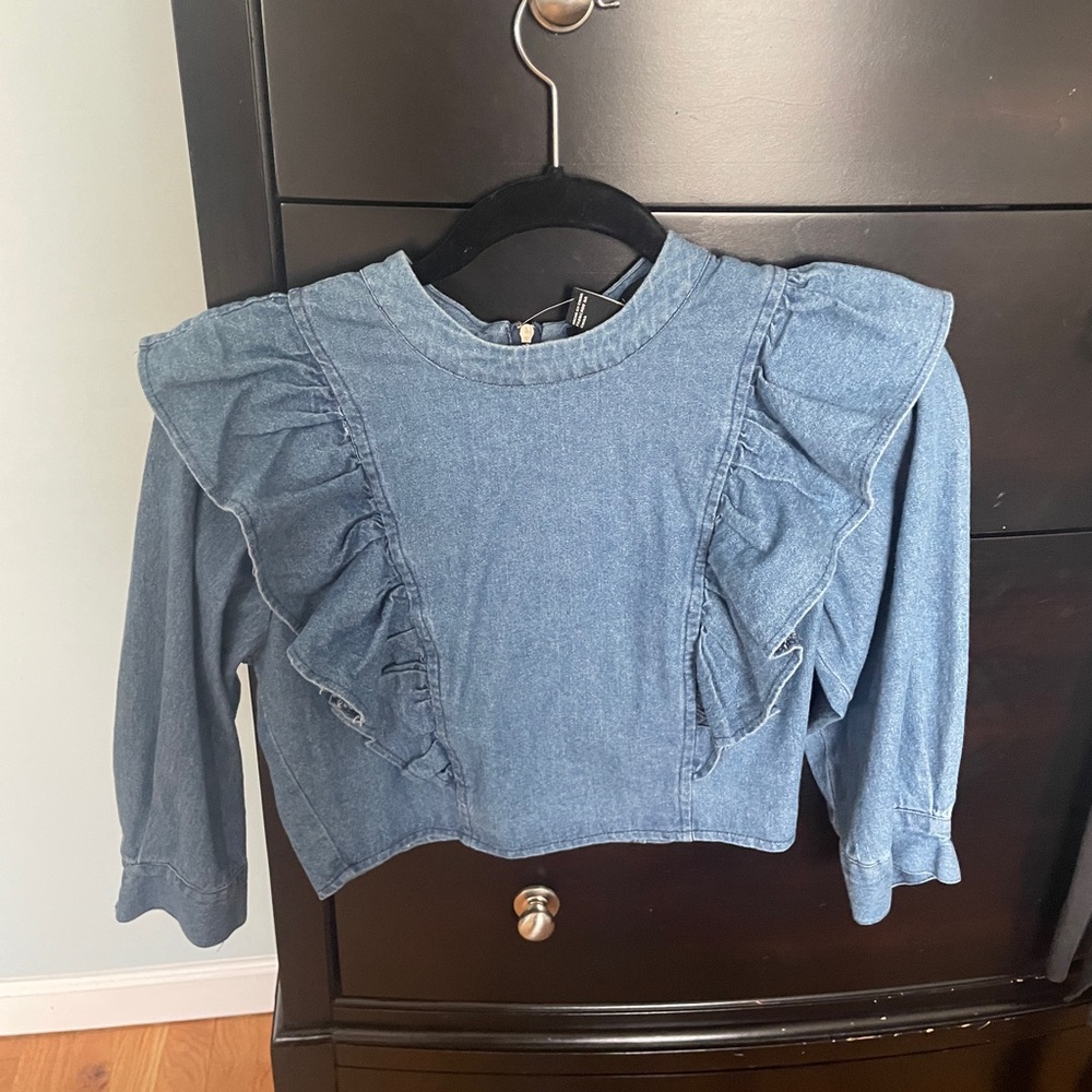 Denim Ruffle Long Sleeve Crop Top